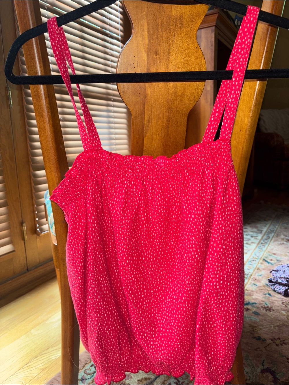 Red Sleeveless Smocked Top with Tiny Dot Print